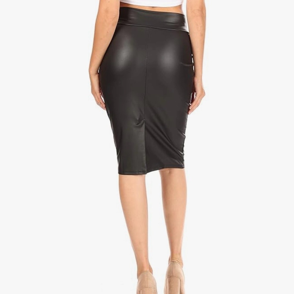 SIMLU Black Faux Leather Midi Pencil Skirt Very Stretchy High Waist Office M EUC - Picture 3 of 15